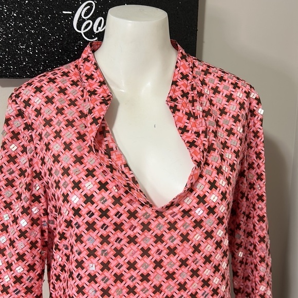Tory Burch Boho Pink Printed Long Sleeve V Neck Blouse with Sequins Sz 8 - Picture 1 of 11